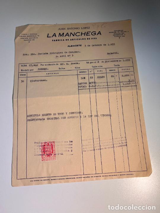 Old Invoices: FACTURA. LA MANCHEGA. JUAN ANTONIO L&Oacute;PEZ. F&Aacute;BRICA DE ARTICULOS DE PIEL. ALBACETE, 1955