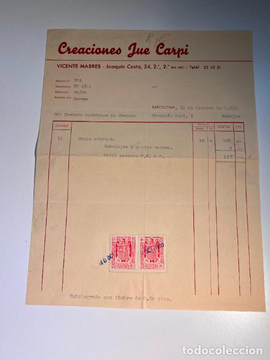 Old Invoices: FACTURA. CREACIONES JUE CARPI. BARCELONA, 1955