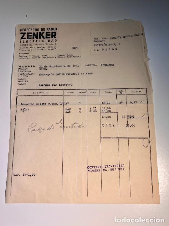 Old Invoices: FACTURA. ZENKER ELECTRICIDAD. HEREDEROS DE PABLO ZENKER. MADRID, 1961