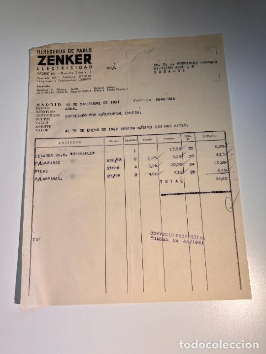 Old Invoices: FACTURA. ZENKER ELECTRICIDAD. HEREDEROS DE PABLO ZENKER. MADRID, 1961
