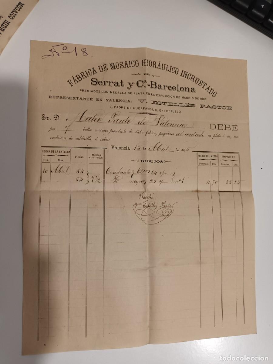 Facturas antiguas: Factura y recibo de f&aacute;brica de mosaico hidr&aacute;ulico Serrat y C&ordf; de Barcelona, a&ntilde;o 1886