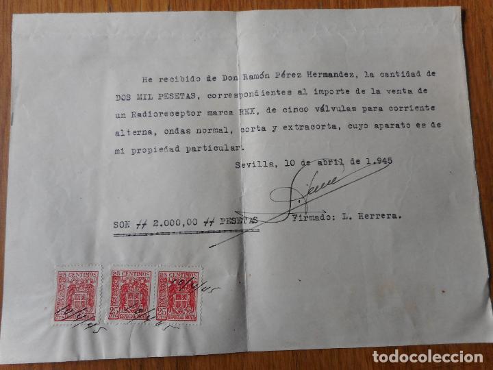 Old Invoices: ANTIGUO RECIBO VENTA RADIO RADIORECEPTOR MARCA REX CINCO VALVULAS SEVILLA 1945
