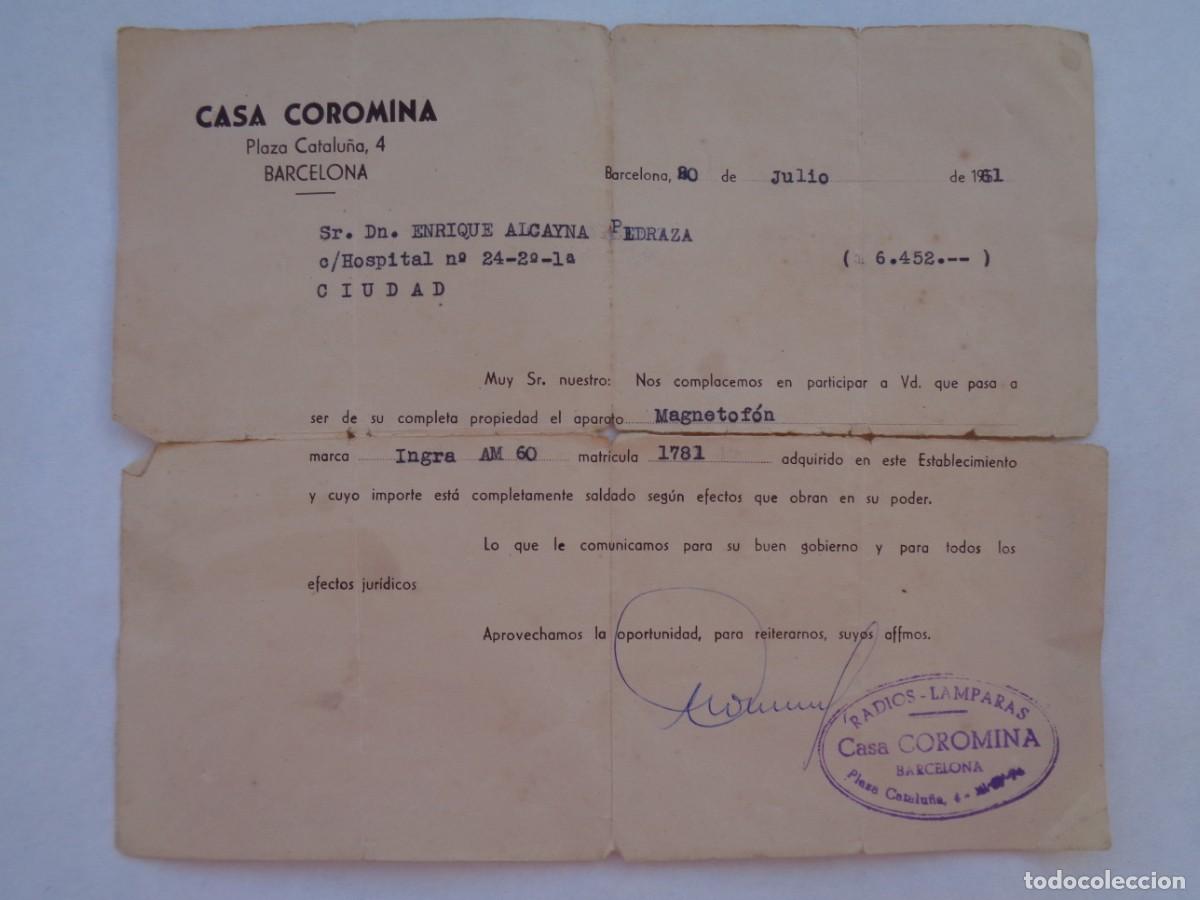 Facturas antiguas: FACTURA CASA COROMINA POR UN MAGNETOFON MARCA INGRA . BARCELONA , 1961
