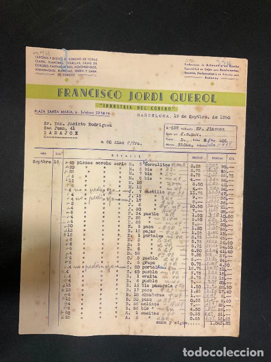 Old Invoices: FACTURA. FRANCISCO JORDI QUEROL. INDUSTRIA DEL CORCHO. BARCELONA 1950. TAPONES Y DISCOS