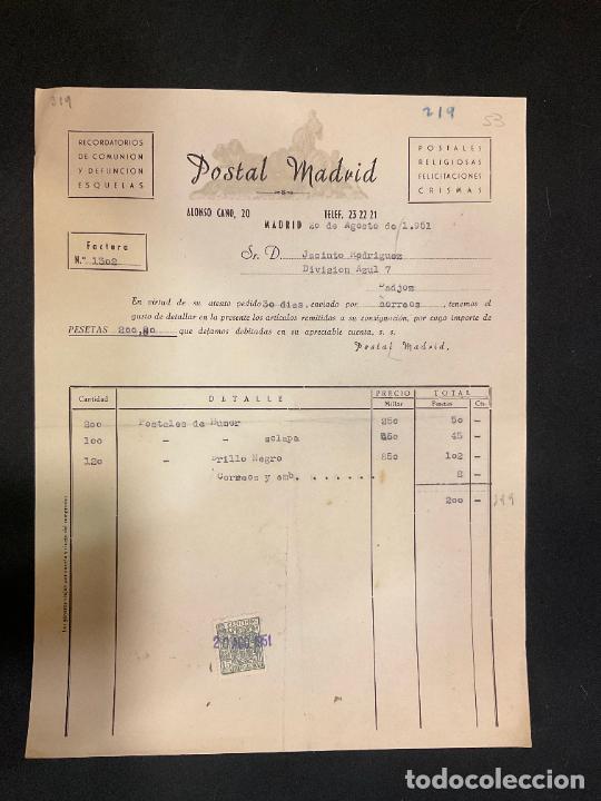 Old Invoices: FACTURA. POSTAL MADRID. 1951. RECORDATORIOS DE COMUNION Y DEFUNCION ESQUELAS.