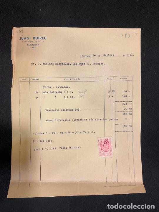Old Invoices: FACTURA. JUAN BUIREU. BARCELONA. 1951. PORTA RETRATOS. CA&Ntilde;A.