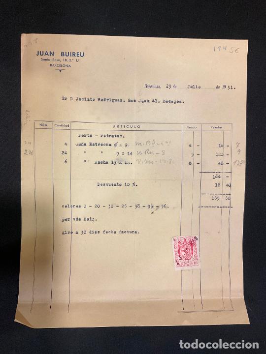 Old Invoices: FACTURA. JUAN BUIREU. BARCELONA. 1951. PORTA RETRATOS. CA&Ntilde;A.