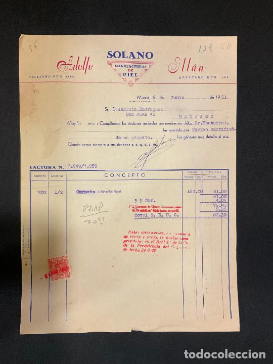 Old Invoices: FACTURA. SOLANO. ADOLFO. MANUFACTURAS DE PIEL. MURCIA. 1951. CARNETS DE IDENTIDAD