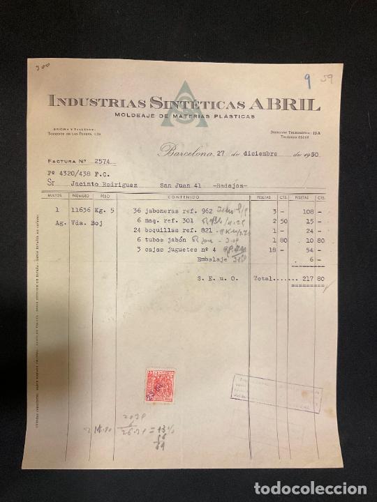 Old Invoices: FACTURA. INDUSTRIAS SINTETICAS ABRIL. MOLDEAJE DE MATERIAS PLASTICAS. BARCELONA 1950