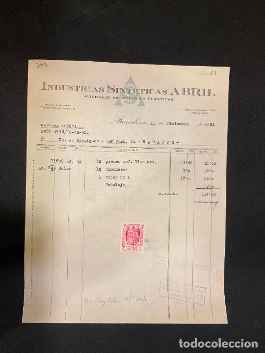 Old Invoices: FACTURA. INDUSTRIAS SINTETICAS ABRIL. MOLDEAJE DE MATERIAS PLASTICAS. BARCELONA 1951