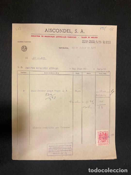 Old Invoices: FACTURA. AISCONDEL. MATERIALES ARTIFICIALES PLASTICOS TALLER DE MOLDES. BARCELONA 1951