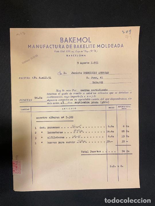Old Invoices: FACTURA. BAKEMOL. MANUFACTURA DE BAKELITE MOLDEADA. BARCELONA 1951