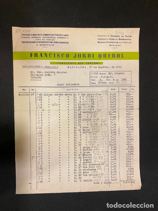 Factures anciennes: FACTURA. FRANCISCO JORDI QUEROL. INDUSTRIA DEL CORCHO. BARCELONA 1951. TAPONES Y DISCOS