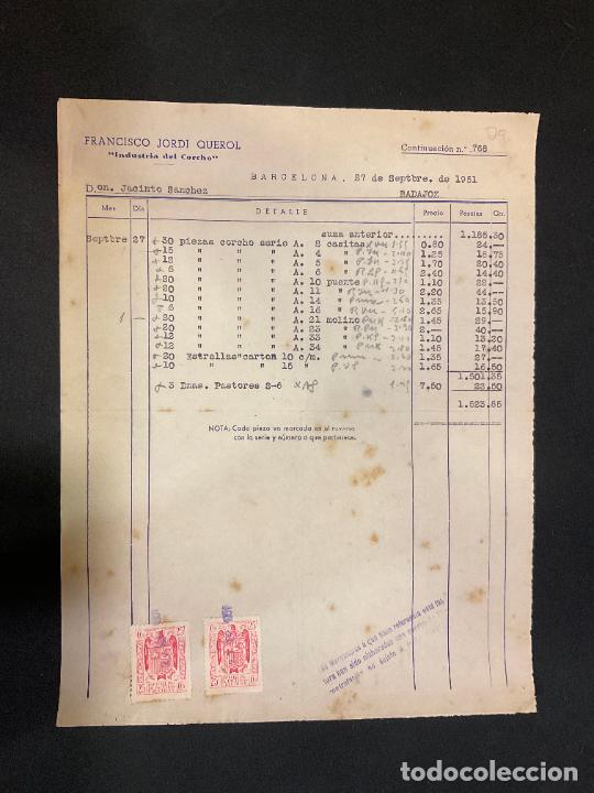 Factures anciennes: FACTURA. FRANCISCO JORDI QUEROL. INDUSTRIA DEL CORCHO. BARCELONA 1951. TAPONES Y DISCOS