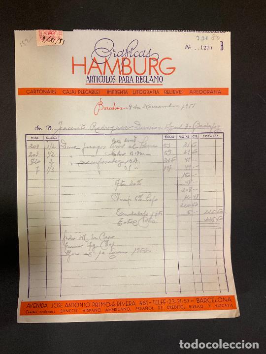 Factures anciennes: FACTURA. GRAFICAS HAMBURG. ARTICULOS PARA RECLAMO. BARCELONA 1951