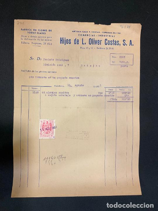 Factures anciennes: FACTURA. HIJOS DE L. OLIVER COSTAS. FABRICA DE FLORES DE TODAS CLASES. BARCELONA 1951