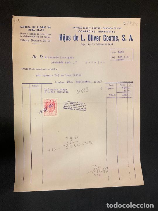 Factures anciennes: FACTURA. HIJOS DE L. OLIVER COSTAS. FABRICA DE FLORES DE TODAS CLASES. BARCELONA 1951