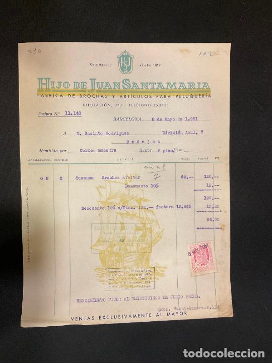 Factures anciennes: FACTURA. HIJOS DE JUAN SANTAMARIA. BROCHAS Y ARTICULOS PARA PELUQUERIA. BARCELONA 1951