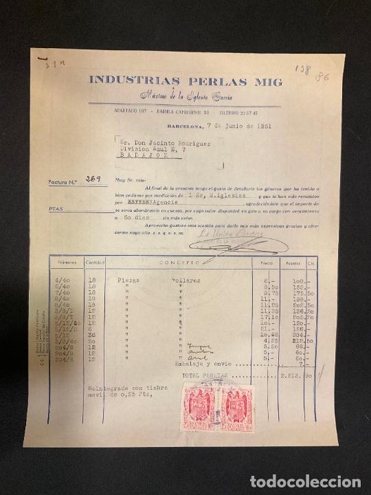 Factures anciennes: FACTURA. INDUSTRIAS PERLAS MIG. MAXIMO DE LA IGLESIA GARCIA. BARCELONA 1951