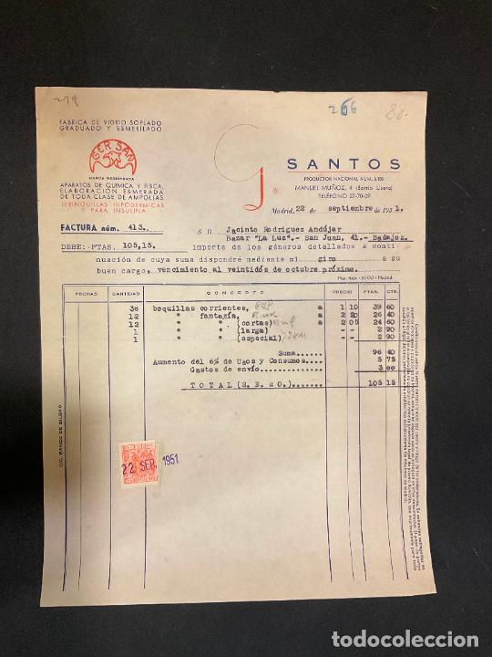 Factures anciennes: FACTURA. GER SANTOS. VIDRIO SOPLADO. ESMERILADO. MADRID 1951