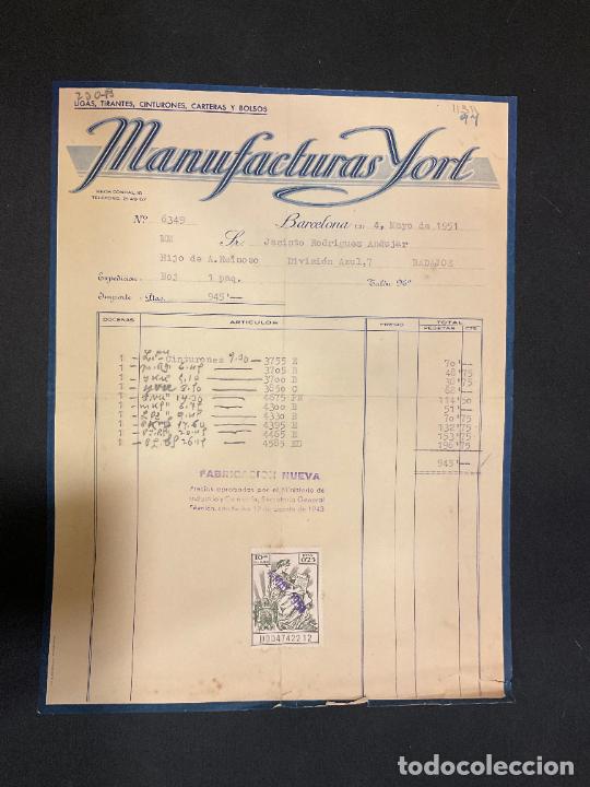 Factures anciennes: FACTURA. MANUFACTURAS YORT. LIGAS. CINTURONES. BARCELONA. 1951