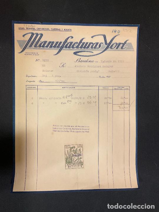 Factures anciennes: FACTURA. MANUFACTURAS YORT. LIGAS. CINTURONES. BARCELONA. 1951