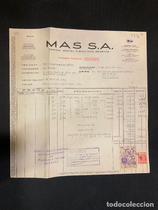 Factures anciennes: FACTURA. MAS S.A. PRIMERA DIVISION PERFUMERIA JABONERIA. BARCELONA 1951. PERFUMASSA