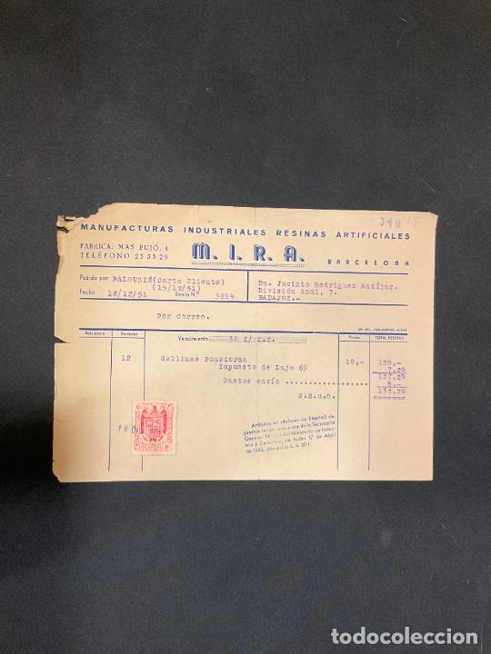Factures anciennes: FACTURA. MANUFACTURAS INDUSTRIALES RESINAS ARTIFICIALES. M. I. R. A. MIRA. BARCELONA 1951