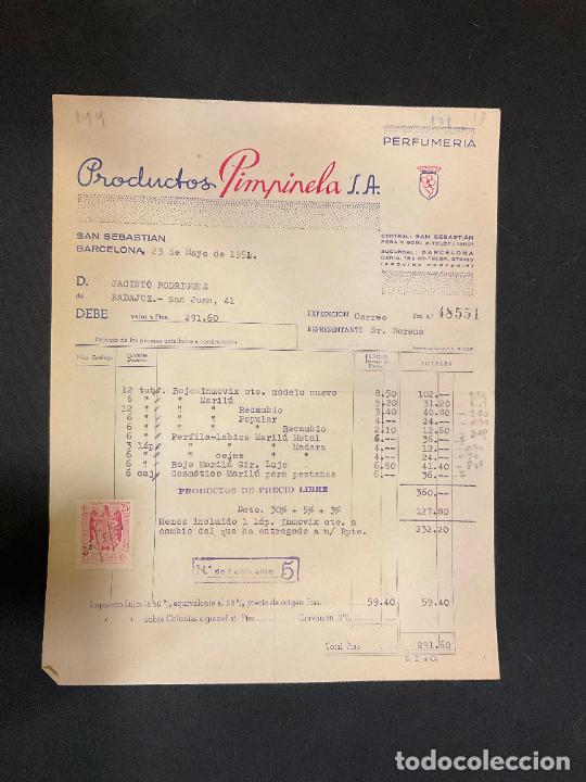 Factures anciennes: FACTURA. PRODUCTOS PIMPINELA. BARCELONA 1951. PERFUMERIA