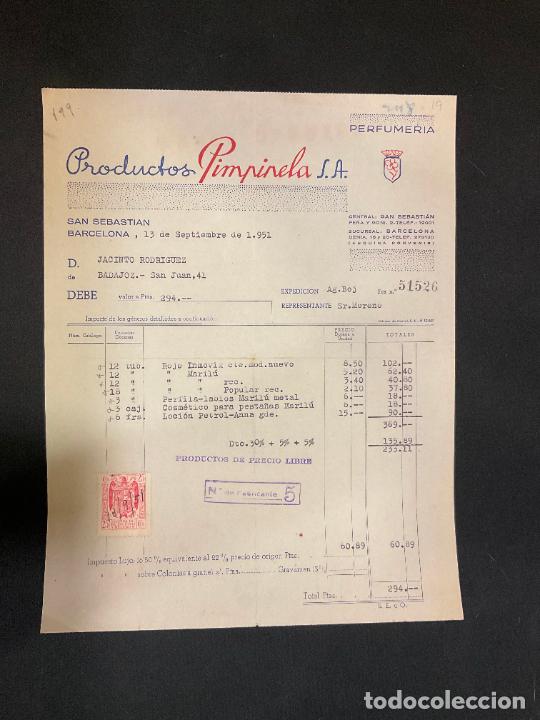 Factures anciennes: FACTURA. PRODUCTOS PIMPINELA. BARCELONA 1951. PERFUMERIA