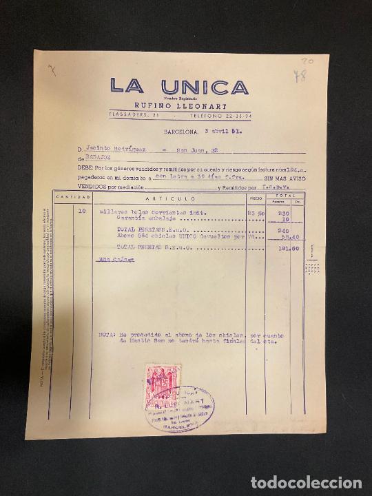 Factures anciennes: FACTURA. LA UNICA. RUFINO LLEONART. BARCELONA 1951.