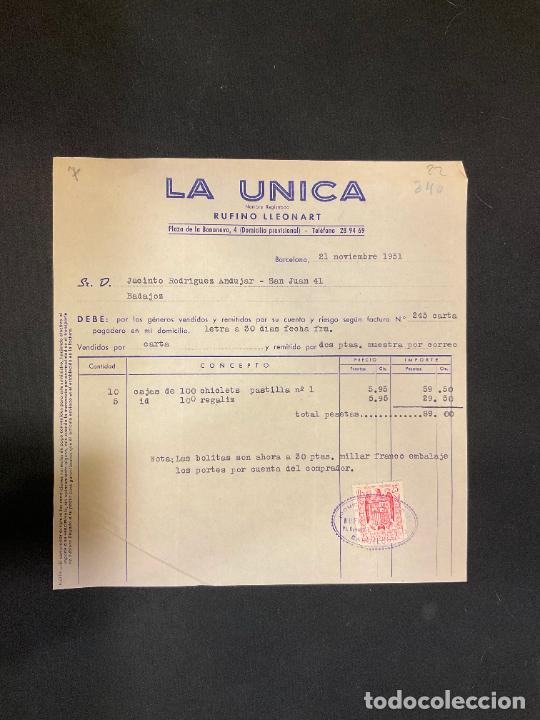 Factures anciennes: FACTURA. LA UNICA. RUFINO LLEONART. BARCELONA 1951.