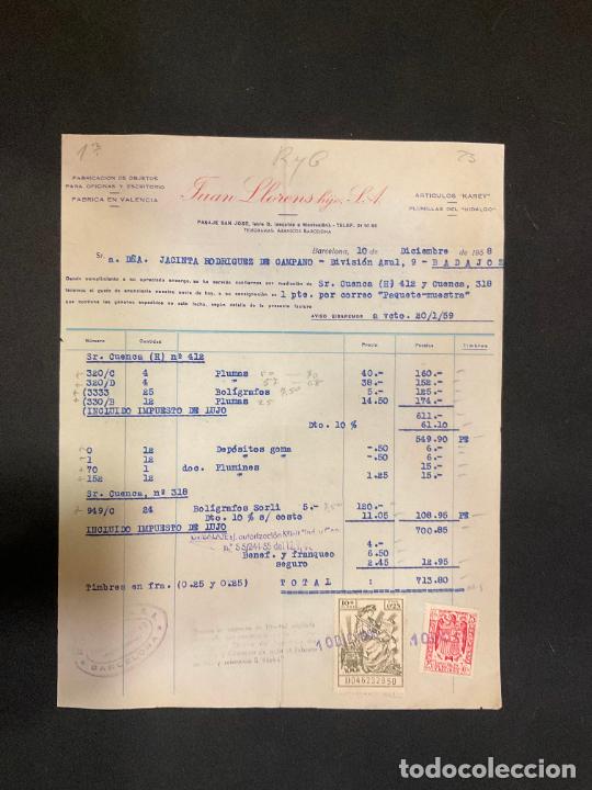 Factures anciennes: FACTURA. JUAN LLORERAS HIJO. OBJETOS PARA OFICINA Y ESCRITORIO. BARCELONA 1958