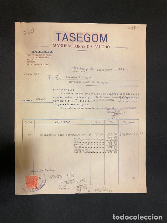 Factures anciennes: FACTURA. TASEGOM. MANUFACTURAS DE CAUCHO. MADRID 1953. PELOTA. PERAS. TETINAS.