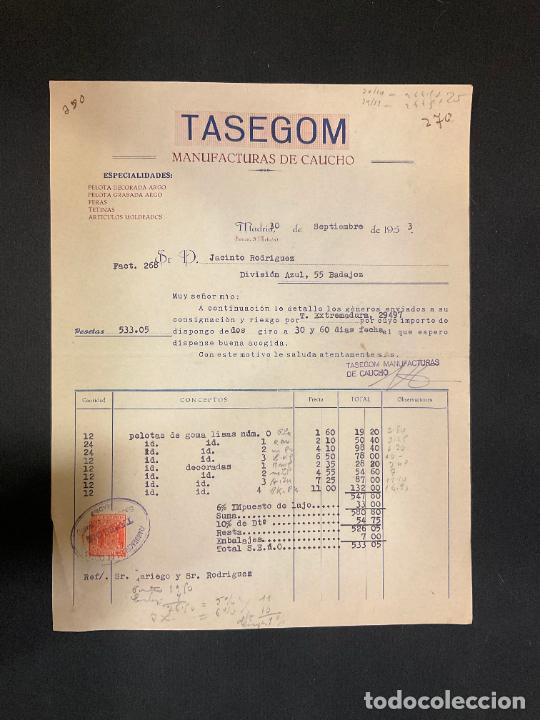 Factures anciennes: FACTURA. TASEGOM. MANUFACTURAS DE CAUCHO. MADRID 1953. PELOTA. PERAS. TETINAS.