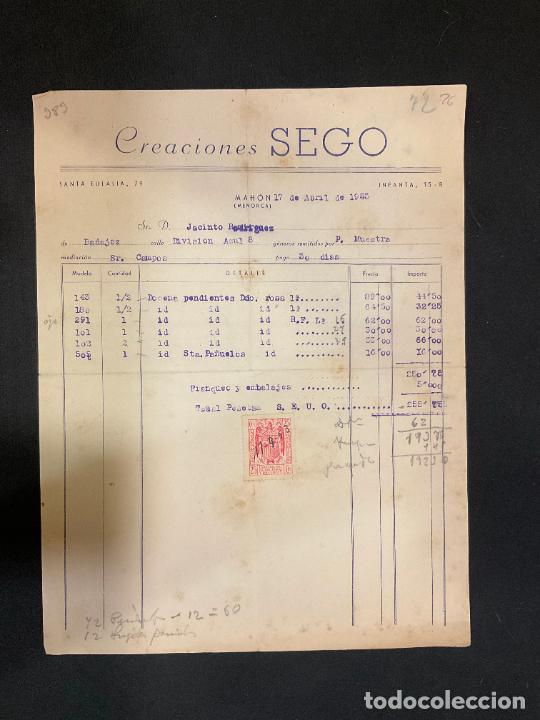 Factures anciennes: FACTURA. CREACIONES SEGO. MAHON. MENORCA. 1953. PENDIENTES