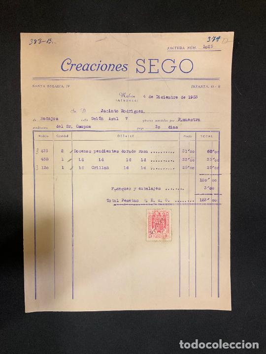 Factures anciennes: FACTURA. CREACIONES SEGO. MAHON. MENORCA. 1953. PENDIENTES