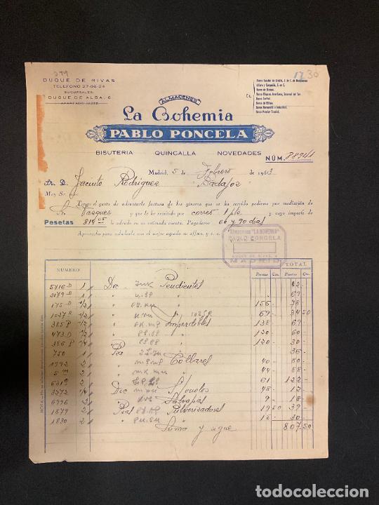 Factures anciennes: FACTURA. ALMACENES LA BOHEMIA. PABLO PONCELA. BISUTERIA QUINCALLA. MADRID 1953