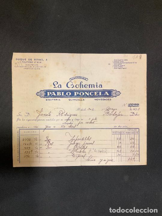 Factures anciennes: FACTURA. ALMACENES LA BOHEMIA. PABLO PONCELA. BISUTERIA QUINCALLA. MADRID 1953
