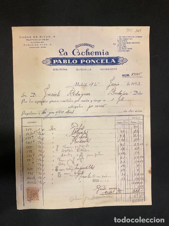 Factures anciennes: FACTURA. ALMACENES LA BOHEMIA. PABLO PONCELA. BISUTERIA QUINCALLA. MADRID 1953