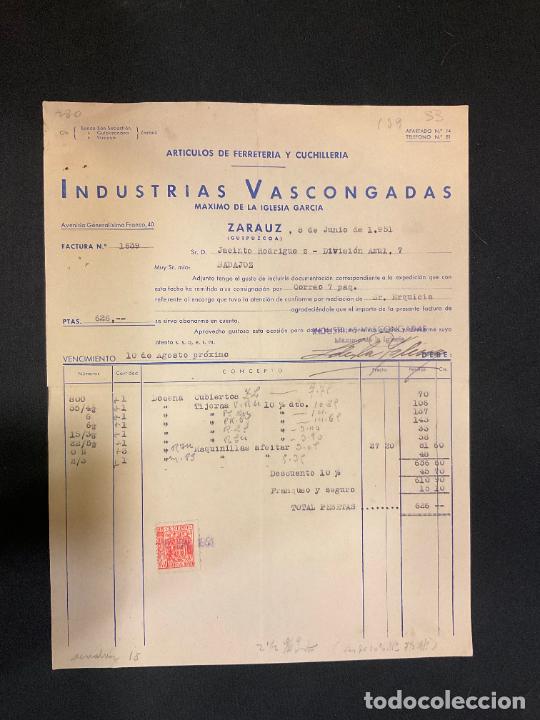 Factures anciennes: FACTURA. INDUSTRIAS VASCONGADAS. FERRETERIA Y CUCHILLERIA. ZARAUZ GUIPUZCOA 1951
