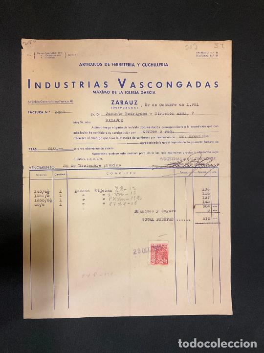Factures anciennes: FACTURA. INDUSTRIAS VASCONGADAS. FERRETERIA Y CUCHILLERIA. ZARAUZ GUIPUZCOA 1951