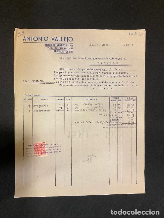 Factures anciennes: FACTURA. ANTONIO VALLEJO. UBRIQUE CADIZ 1951. ARTICULOS DE PIEL.