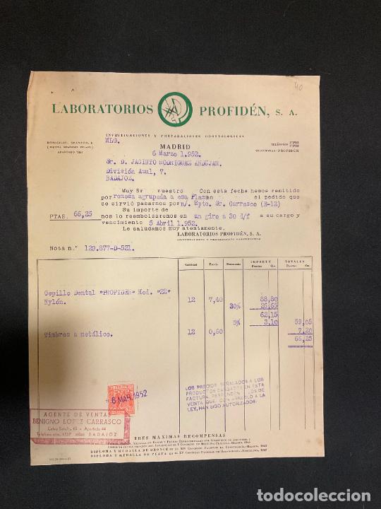 Old Invoices: FACTURA. LABORATORIOS PROFIDEN. MADRID 1952. INVESTIGACIONES Y PREPARACIONES ODONTOLOGICAS