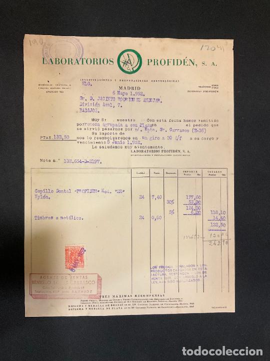 Old Invoices: FACTURA. LABORATORIOS PROFIDEN. MADRID 1952. INVESTIGACIONES Y PREPARACIONES ODONTOLOGICAS