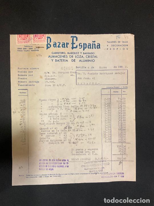 Factures anciennes: FACTURA. BAZAR ESPA&Ntilde;A. ALMACENES DE LOZA CRISTAL Y BATERIA DE ALUMINIO. SEVILLA 1952