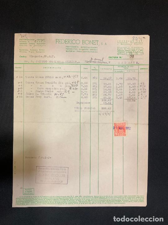 Factures anciennes: FACTURA. FEDERICO BONET. PERFUMERIA. PRODUCTOS QUIMICOS. DROGAS. SEVILLA 1951
