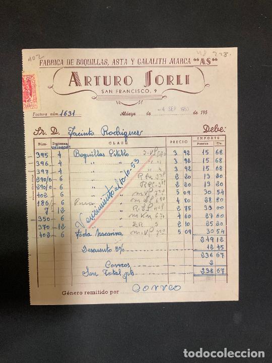 Factures anciennes: FACTURA. FABRICA DE BOQUILLAS, ASTA Y GALALITH MARCA AS. ARTURO SORLI. ALDAYA 1953.