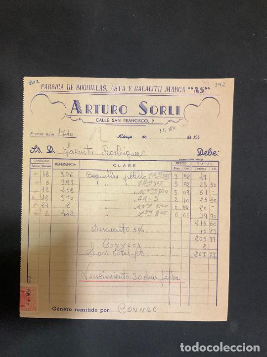 Factures anciennes: FACTURA. FABRICA DE BOQUILLAS, ASTA Y GALALITH MARCA AS. ARTURO SORLI. ALDAYA 1953.