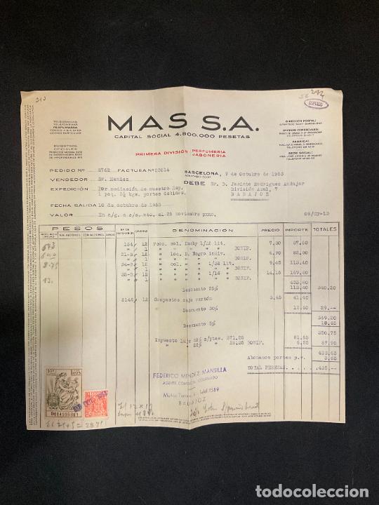 Old Invoices: FACTURA. MAS S.A. PRIMERA DIVISION PERFUMERIA JABONERIA. BARCELONA 1953. PERFUMASSA